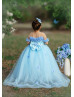 Short Sleeves Blue 3D Flowers Tulle Feather Sweet Flower Girl Dress